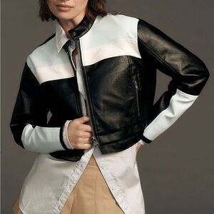 Anthropologie Maeve Cropped Colorblock Bike Jacket Black White Vegan Leather